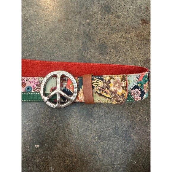 Y2K Lucky Brand Patchwork Belt Peace Sign Buckle Boho Hippie Festival - Picture 3 of 5